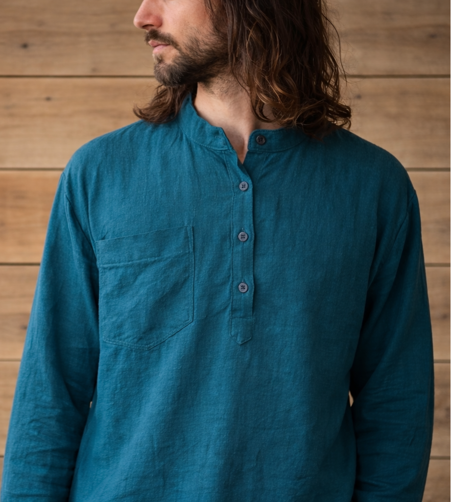 Blue Cotton Men’s Kurta-Style Shirt