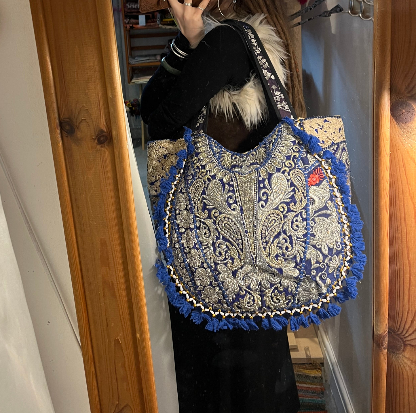 Blue & Gold Embroidered Boho Tote Bag