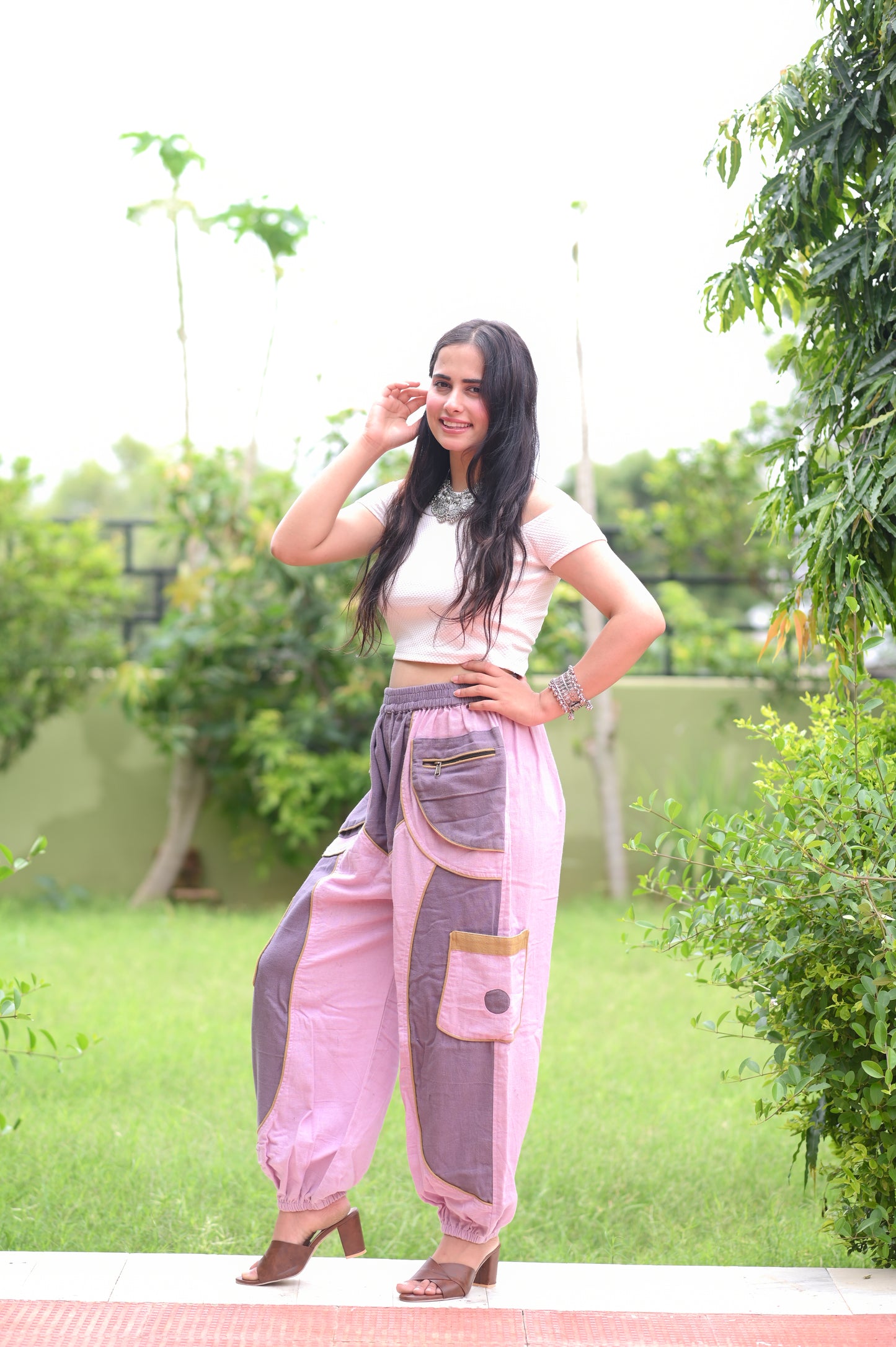 Pink Cargo Style Patchwork Pants