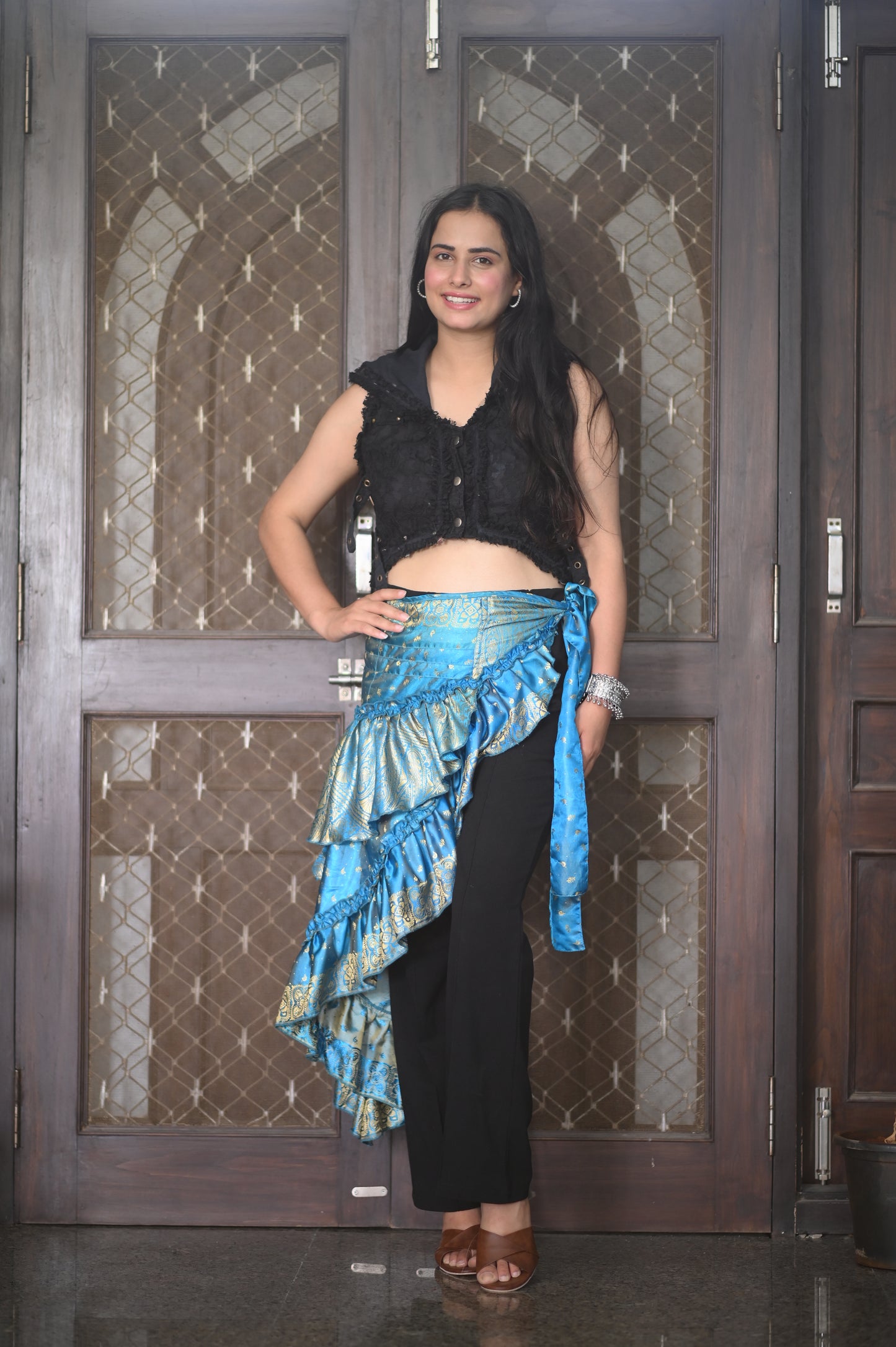 Boho Luxe Blue & Gold Ruffle Wrap Skirt