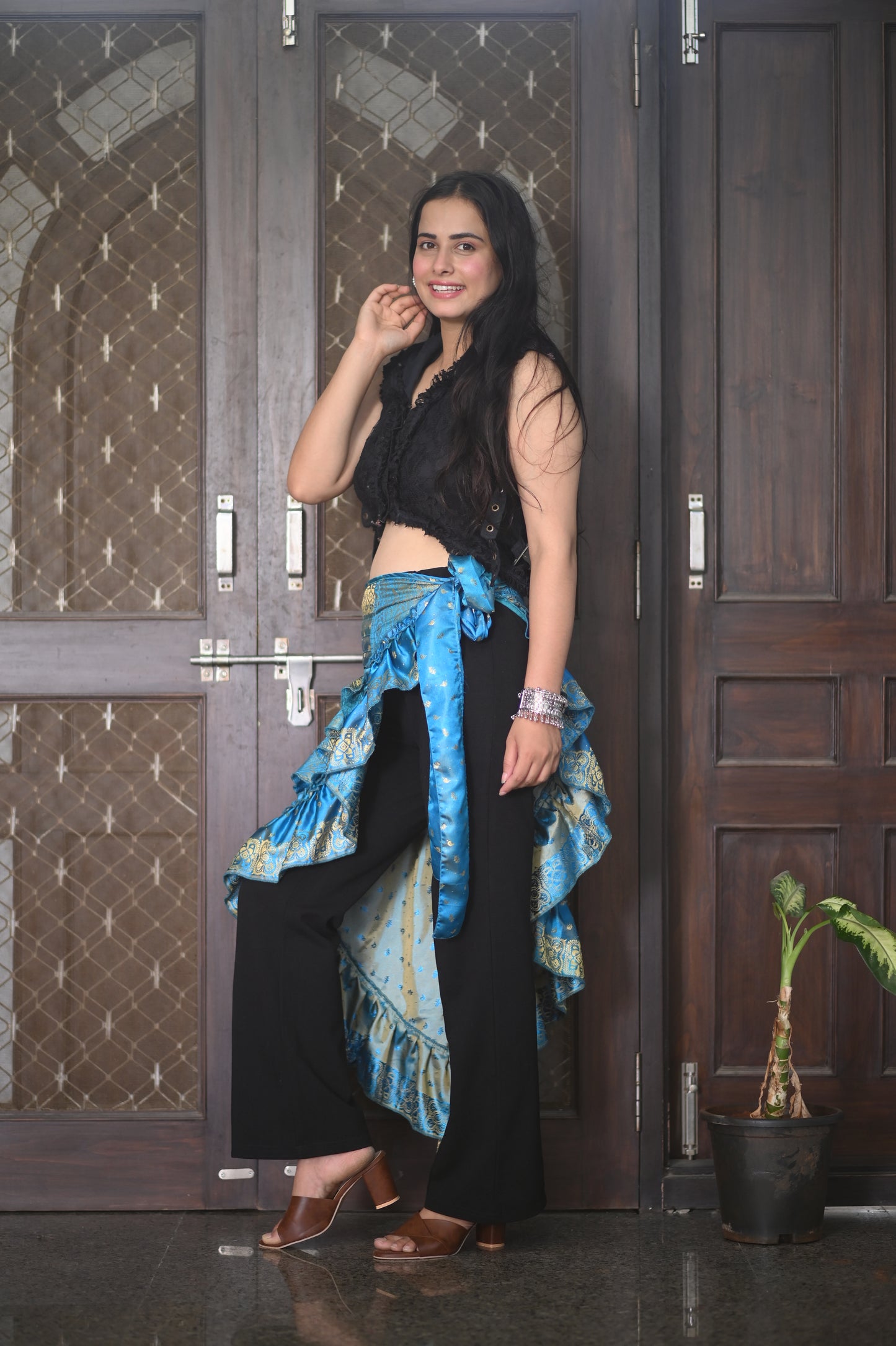 Boho Luxe Blue & Gold Ruffle Wrap Skirt