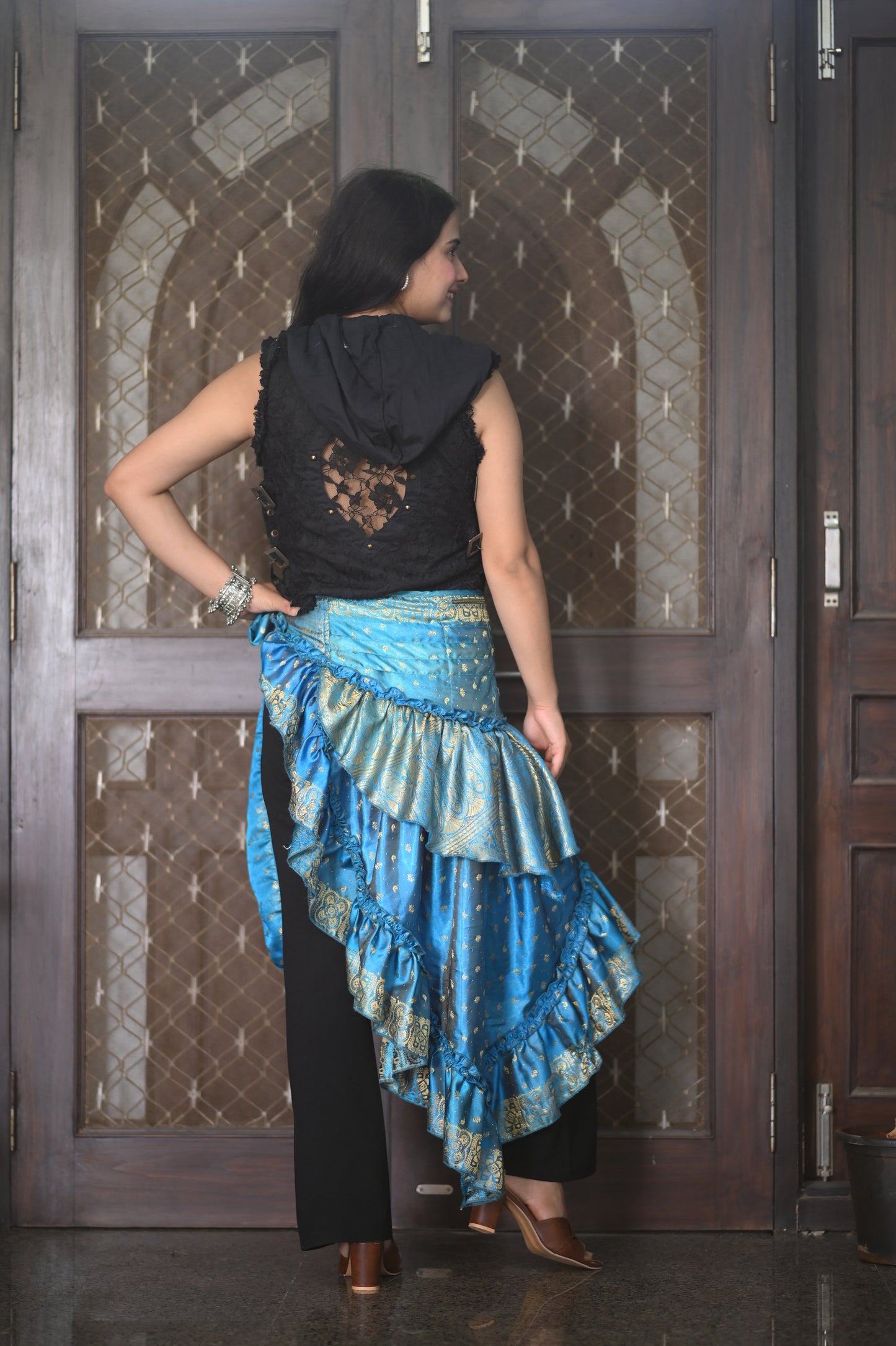 Boho Luxe Blue & Gold Ruffle Wrap Skirt