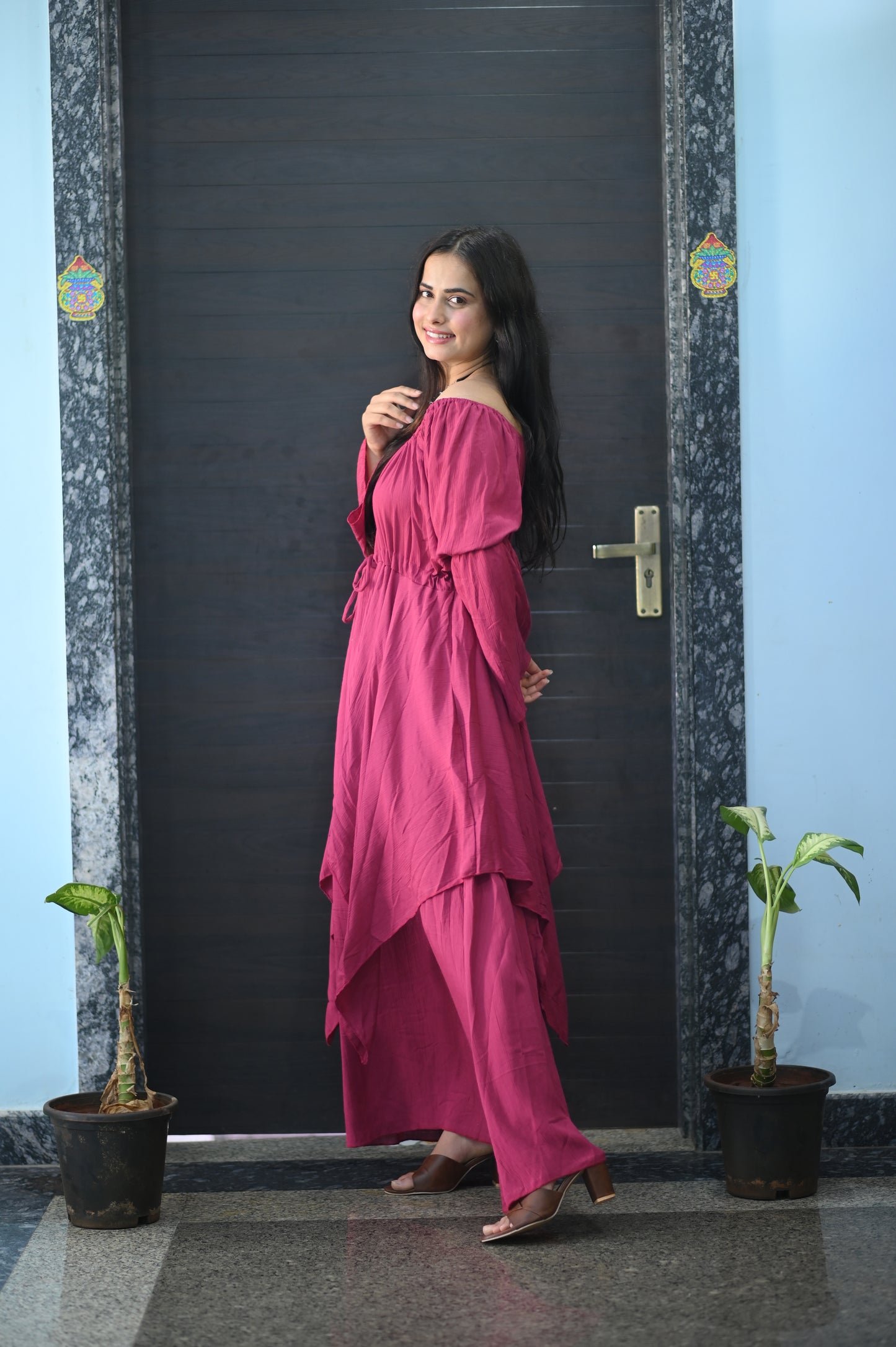 Boho Magenta Off-Shoulder Maxi Dress