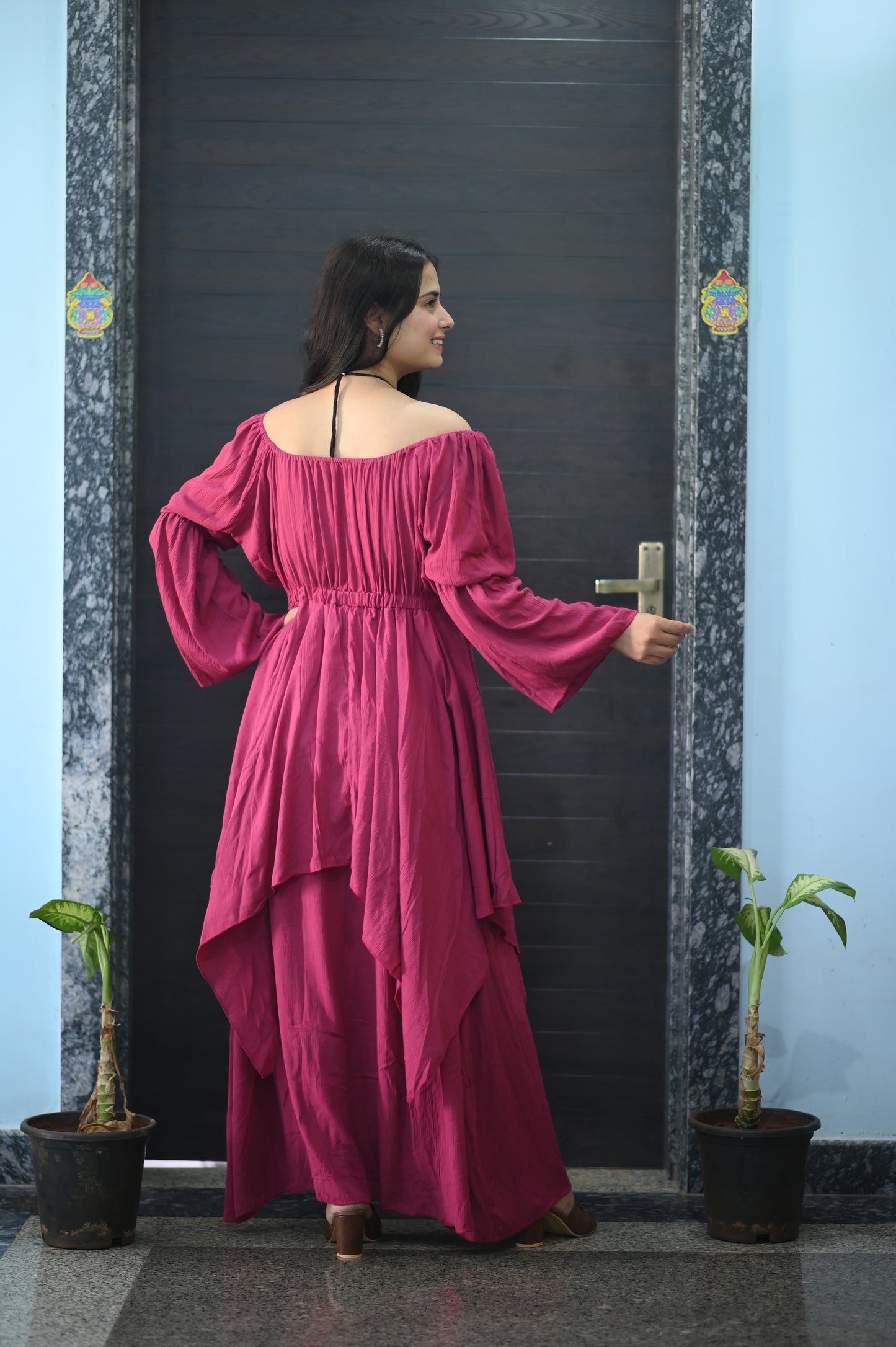 Boho Magenta Off-Shoulder Maxi Dress