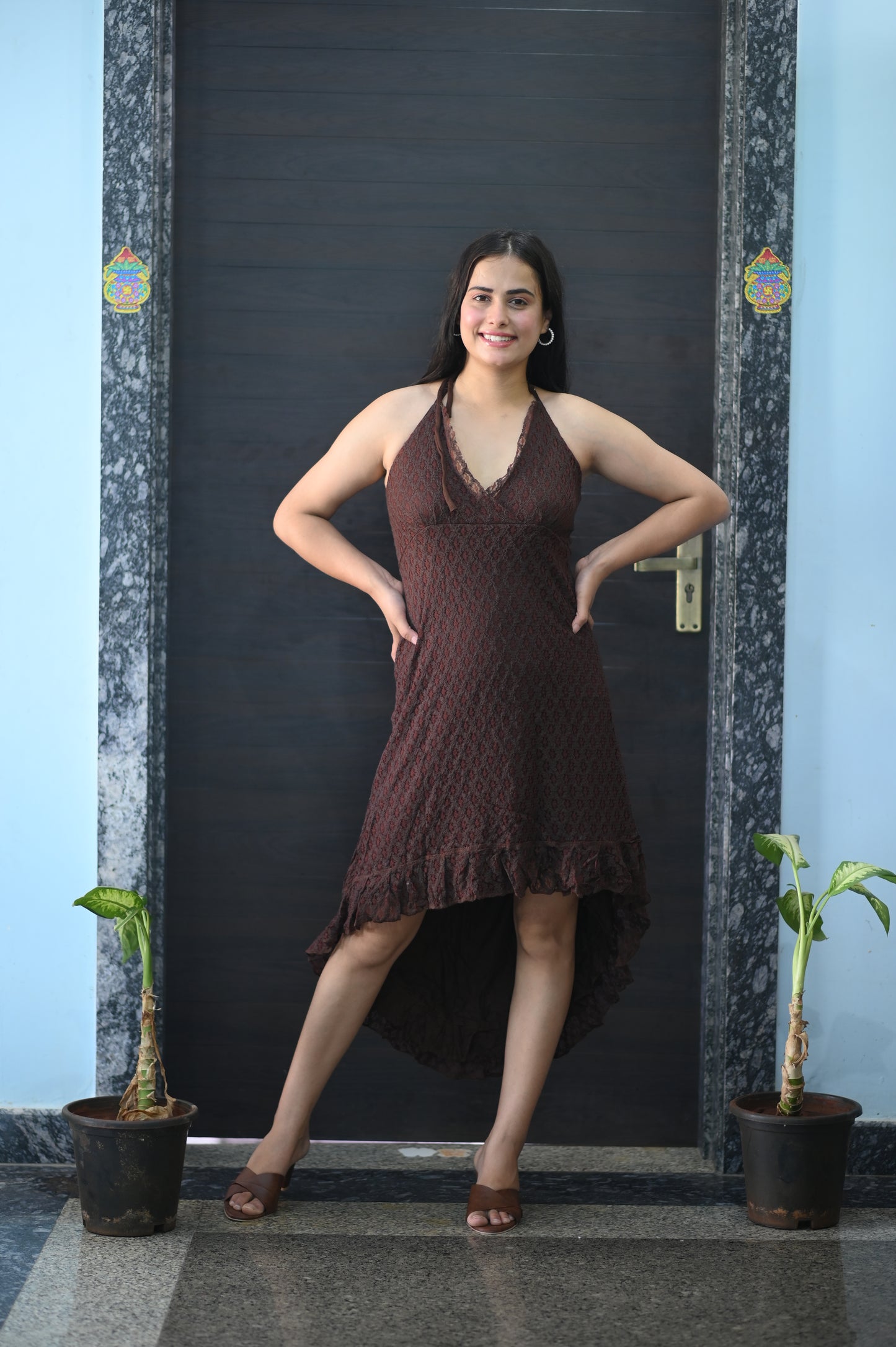 Brown Halter-Neck High-Low Dress