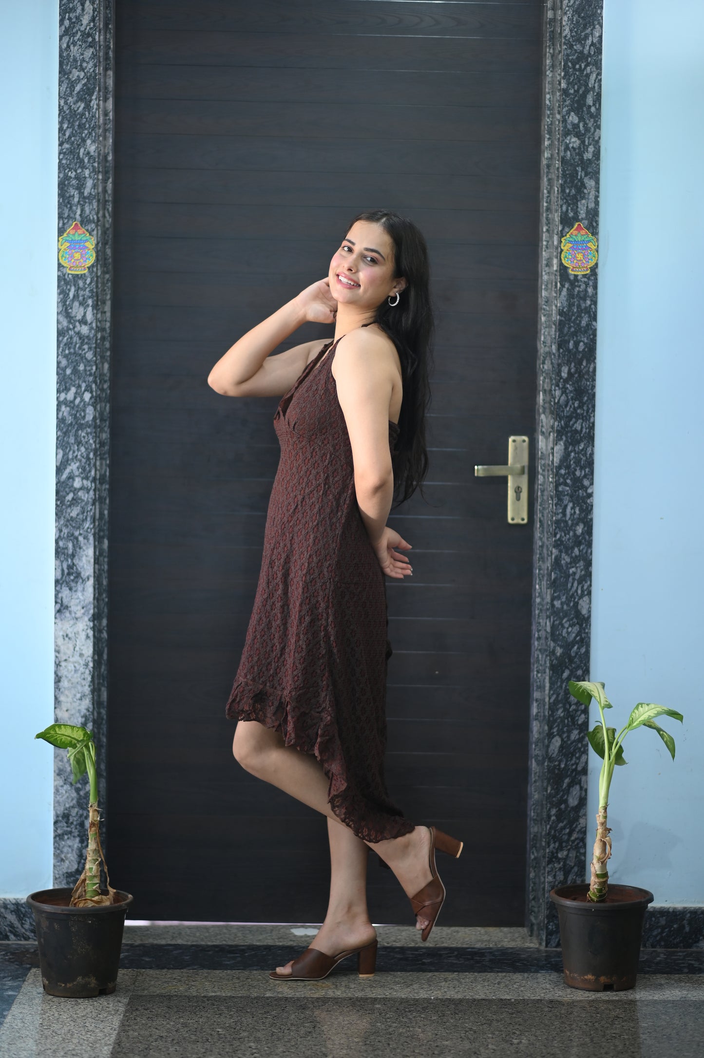 Brown Halter-Neck High-Low Dress