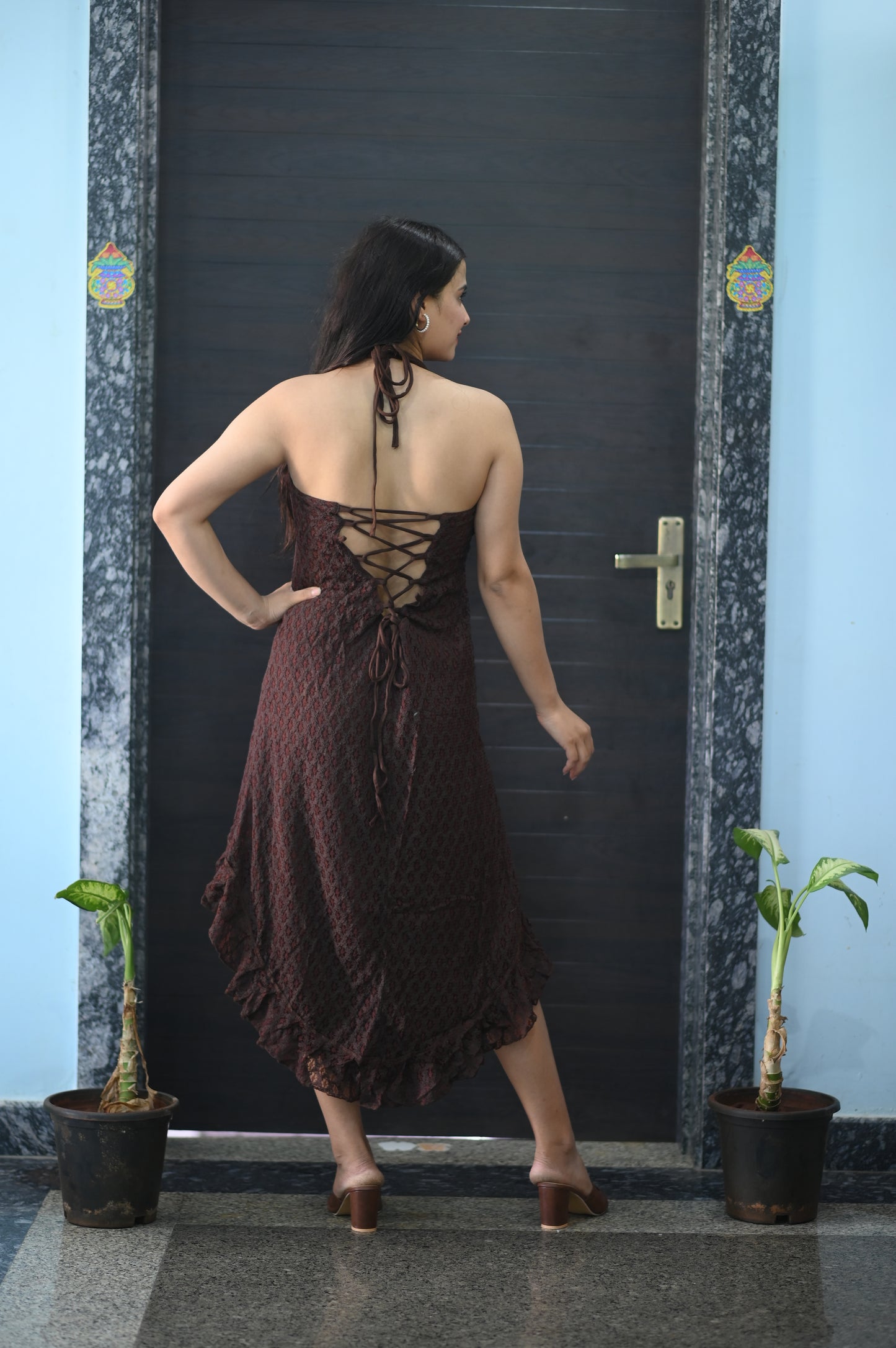 Brown Halter-Neck High-Low Dress