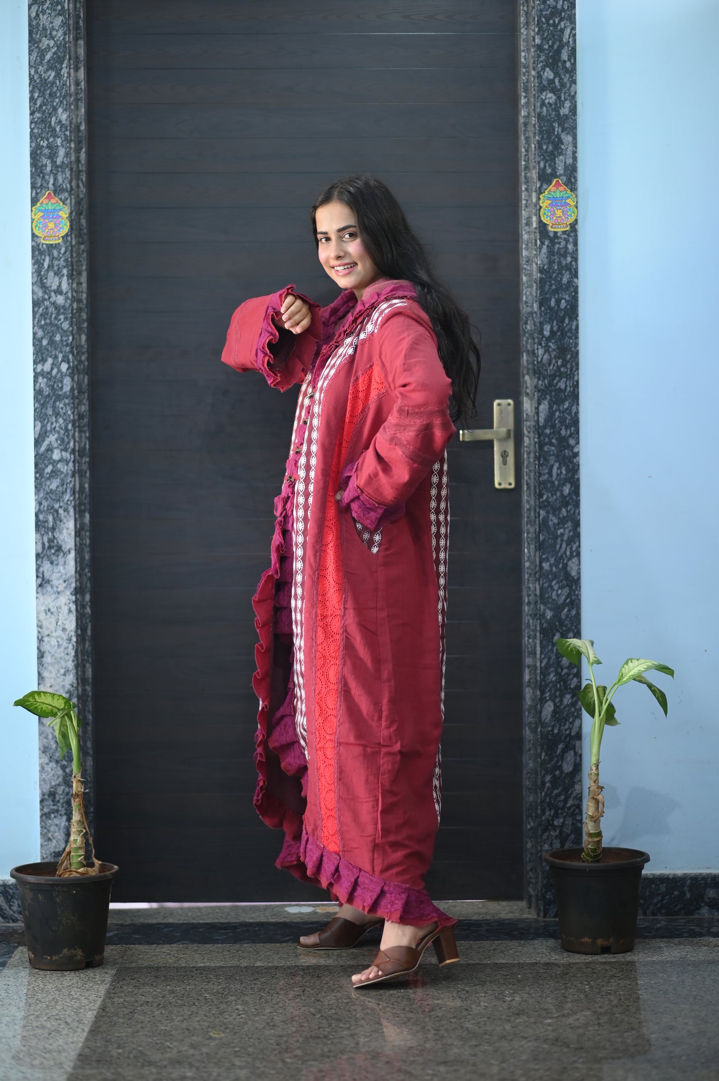 Boho Burgundy Long Coat Dress