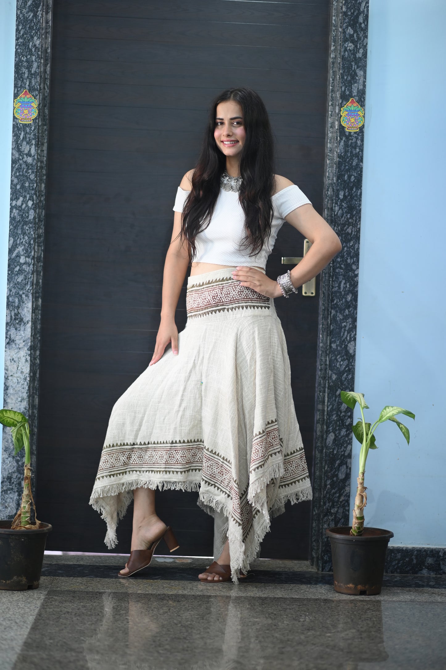 Boho Tribal Beige Fringe Skirt