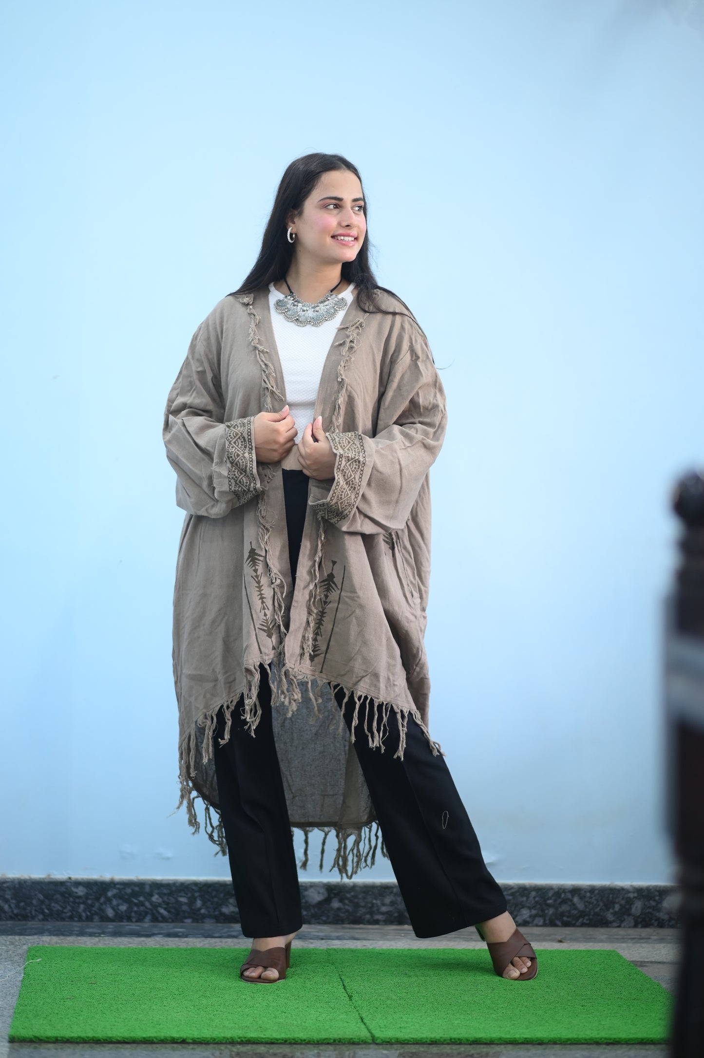 Beige Color Boho Fringe Shrug
