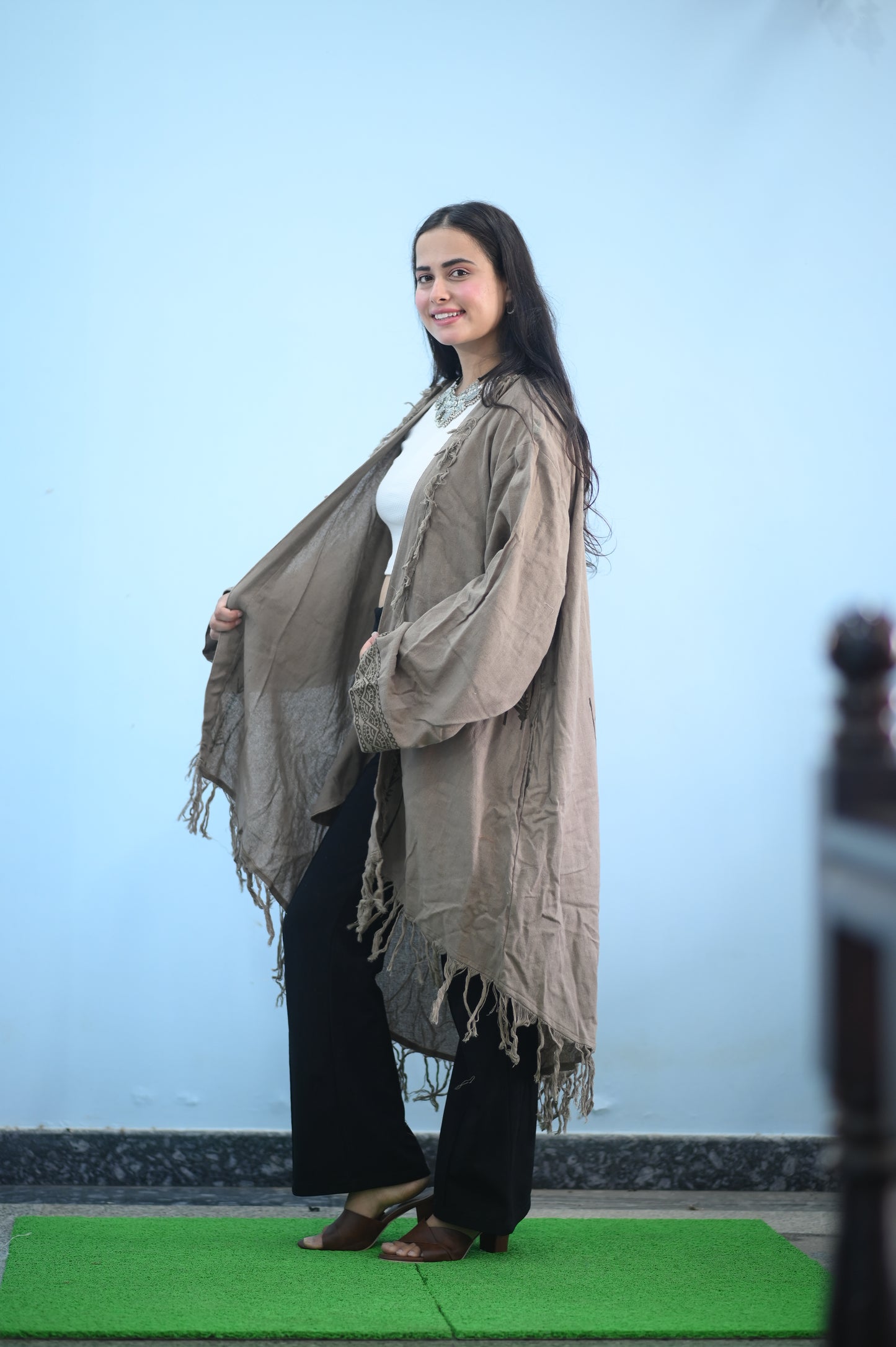 Beige Color Boho Fringe Shrug