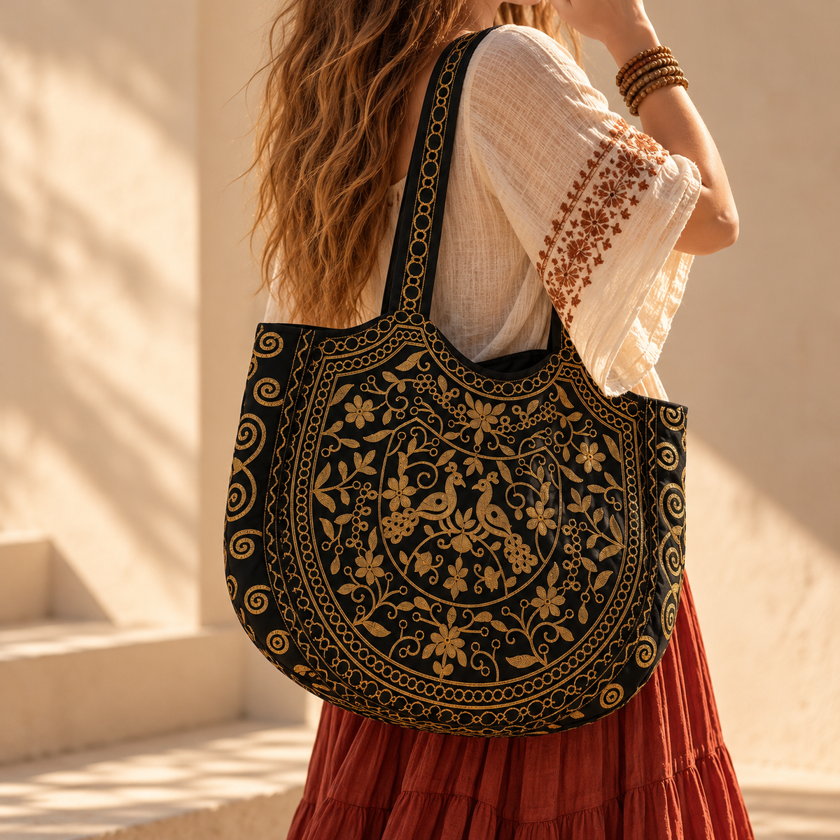 Large Black & Gold Embroidered Bag – Bohemian Shoulder Bag