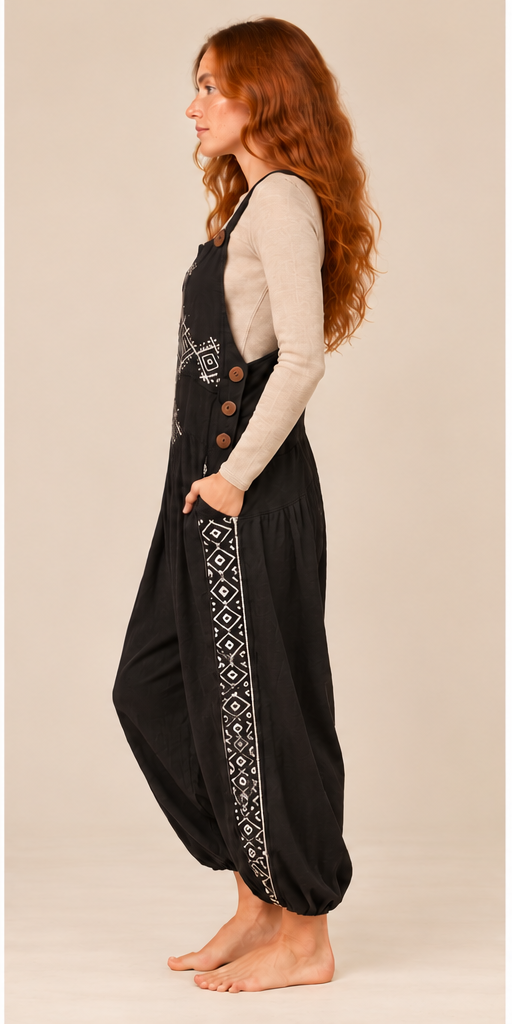 Black Print Harem Dungarees