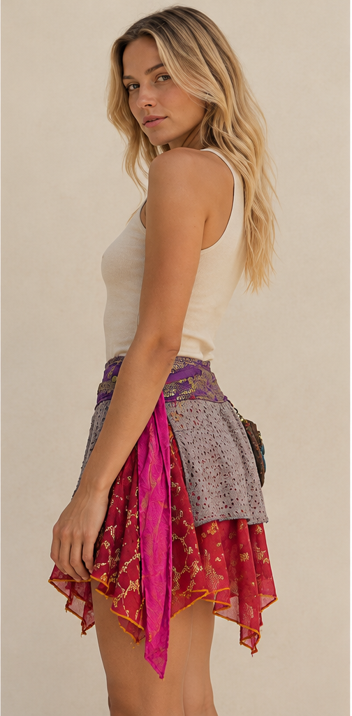 Pink & Burgundy Bohemian Patchwork Mini Skirt