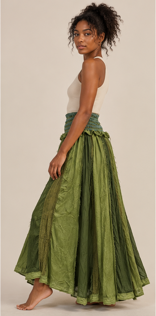 Olive Green Bohemian Long Skirt – Layered Patchwork Style