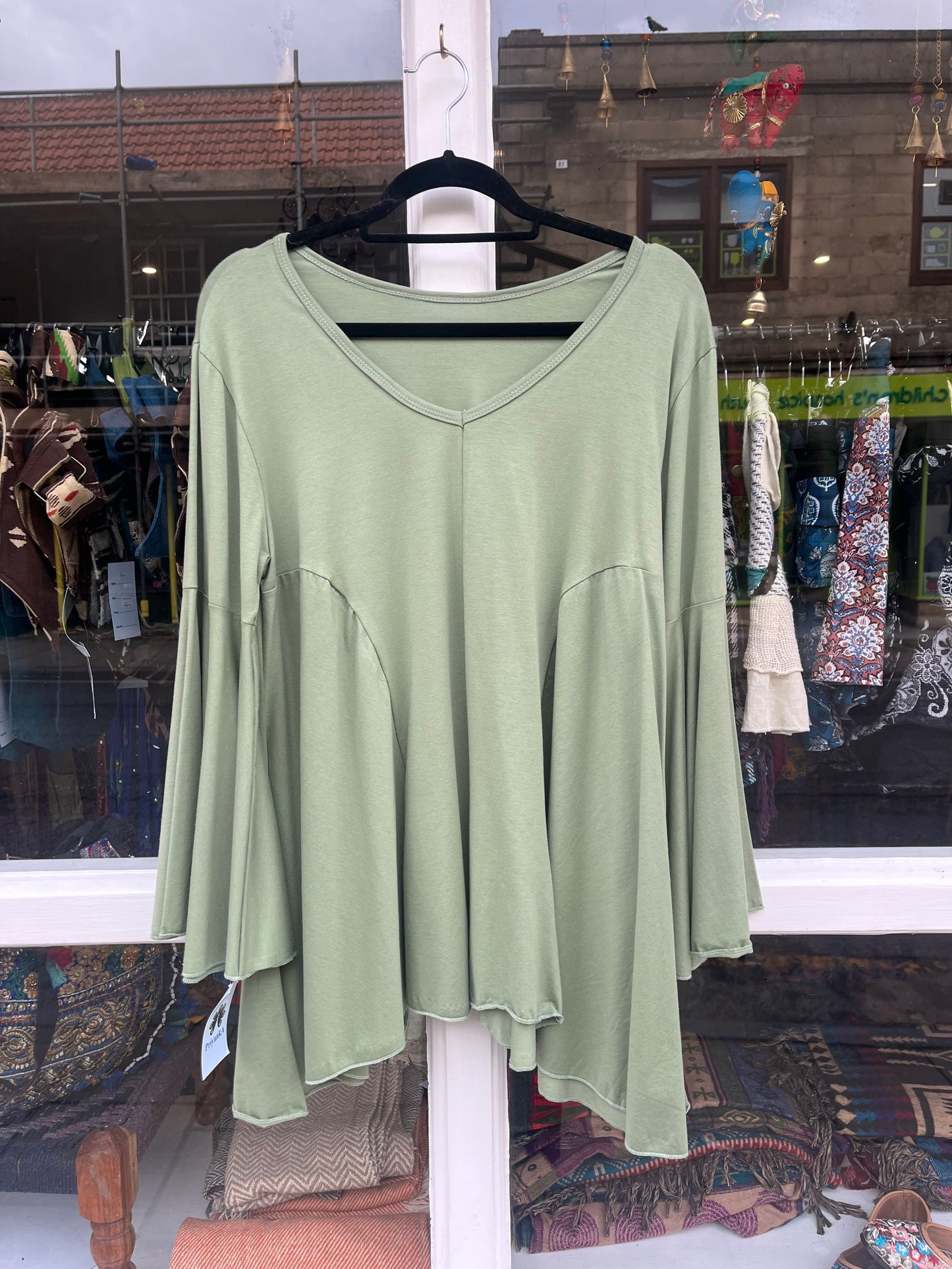 Sage V-Neck Elven Top with Bell Sleeves