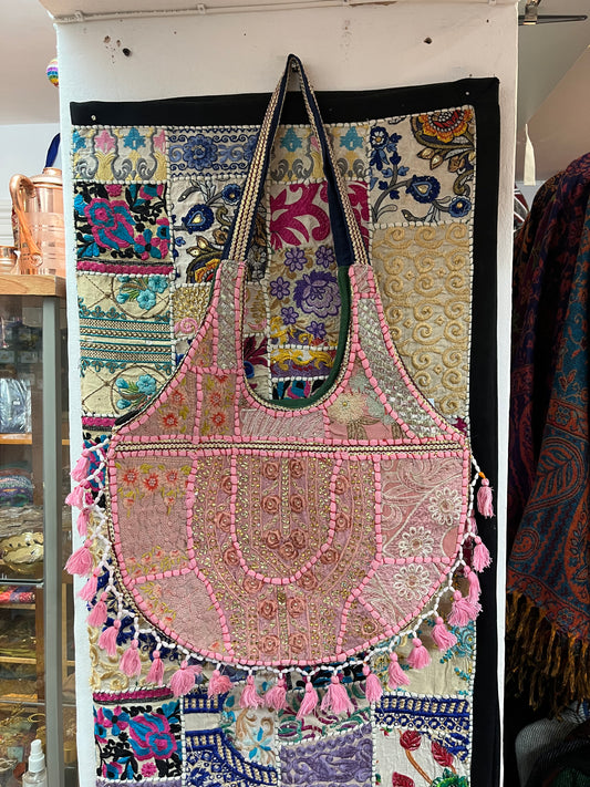 Pink Patchwork Embroidered Boho Tote Bag 🌸
