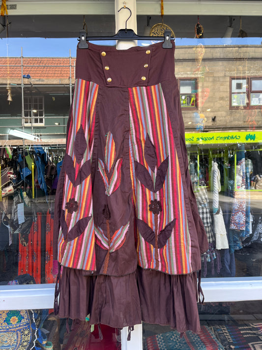 Brown Gypsy Floral Patchwork Skirt