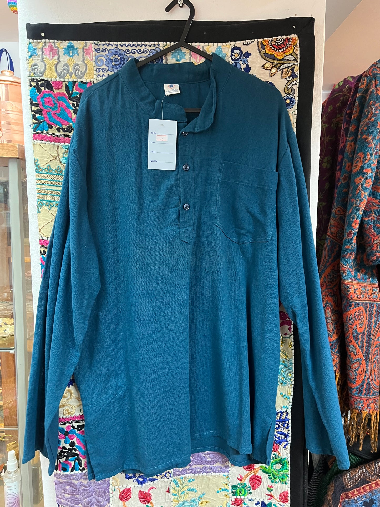 Blue Cotton Men’s Kurta-Style Shirt