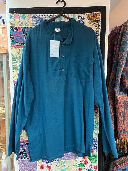 Blue Cotton Men’s Kurta-Style Shirt