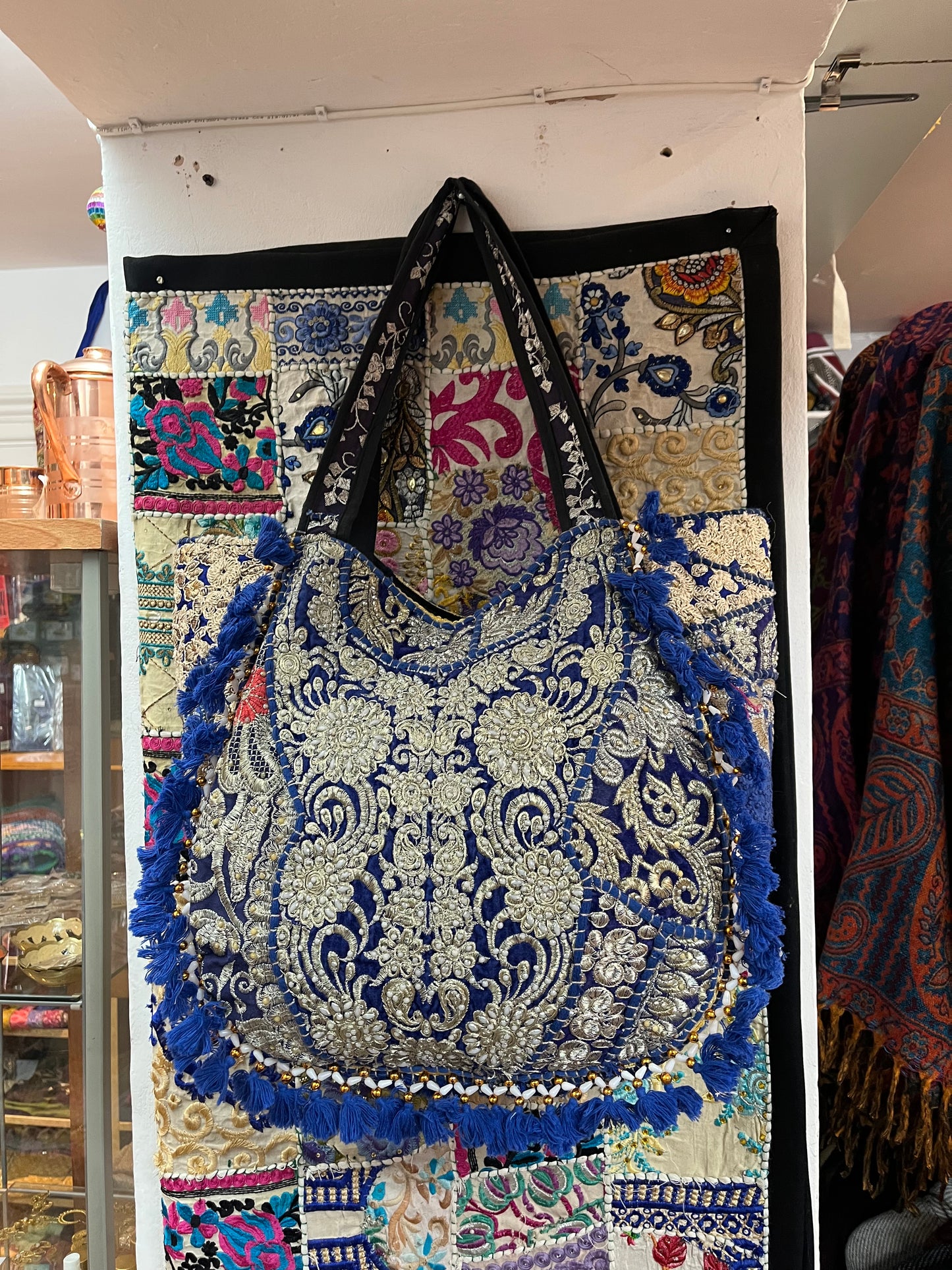 Blue & Gold Embroidered Boho Tote Bag