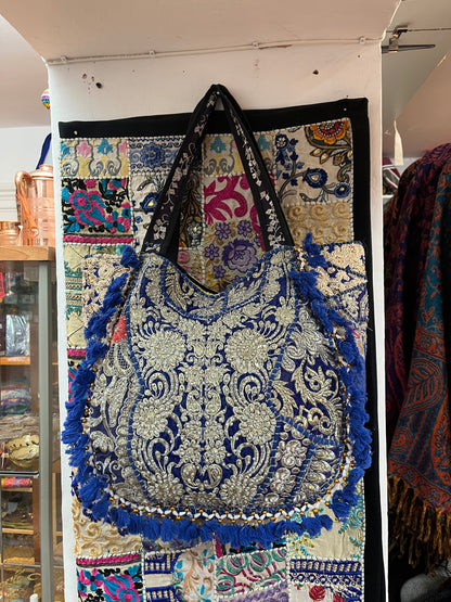 Blue & Gold Embroidered Boho Tote Bag
