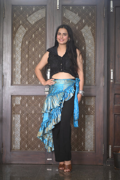 Boho Luxe Blue & Gold Ruffle Wrap Skirt