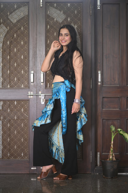 Boho Luxe Blue & Gold Ruffle Wrap Skirt