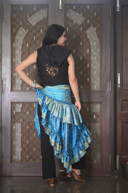 Boho Luxe Blue & Gold Ruffle Wrap Skirt