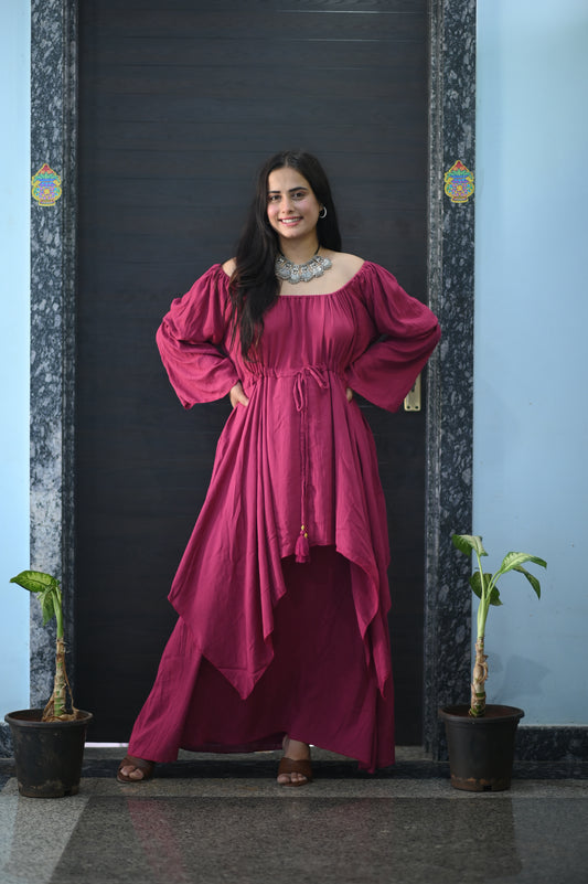 Boho Magenta Off-Shoulder Maxi Dress
