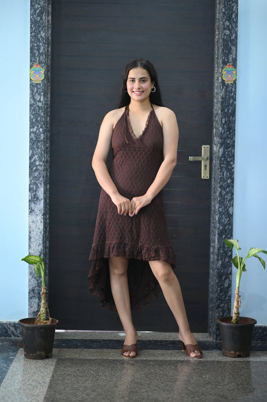 Brown Halter-Neck High-Low Dress