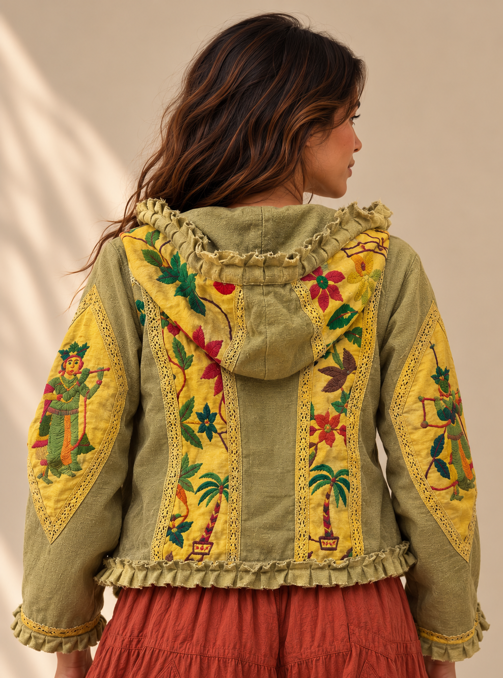 Olive Green Embroidered Hooded Jacket