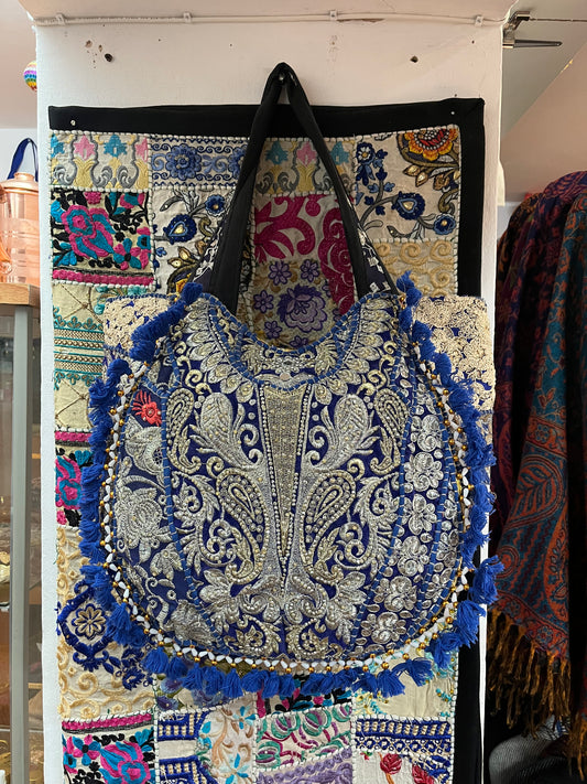 Blue & Gold Embroidered Boho Tote Bag