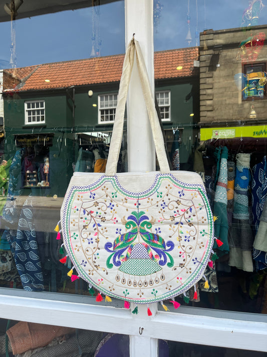 Indian Cotton Peacock Embroidered Bag
