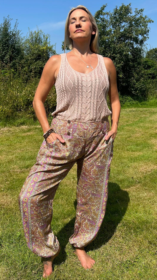 Harem Coconut Button Silk blend printed Pants