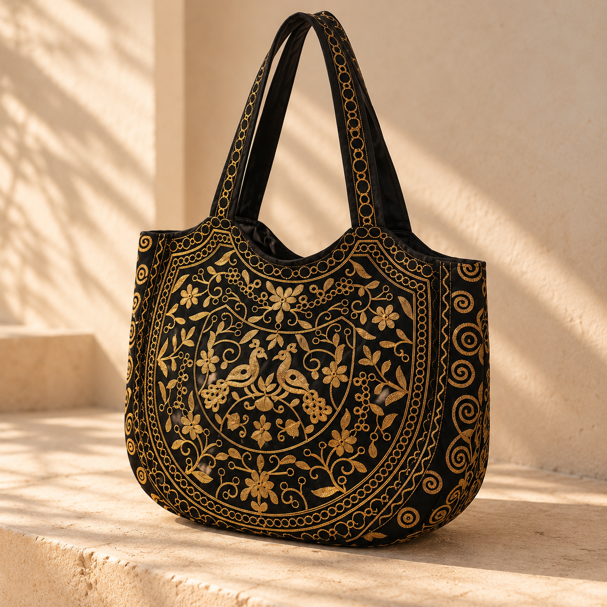 Large Black & Gold Embroidered Bag – Bohemian Shoulder Bag