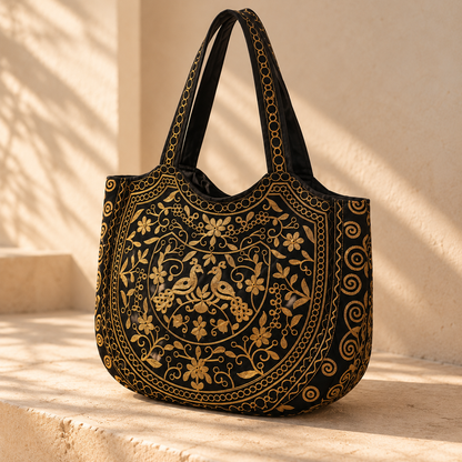 Large Black & Gold Embroidered Bag – Bohemian Shoulder Bag
