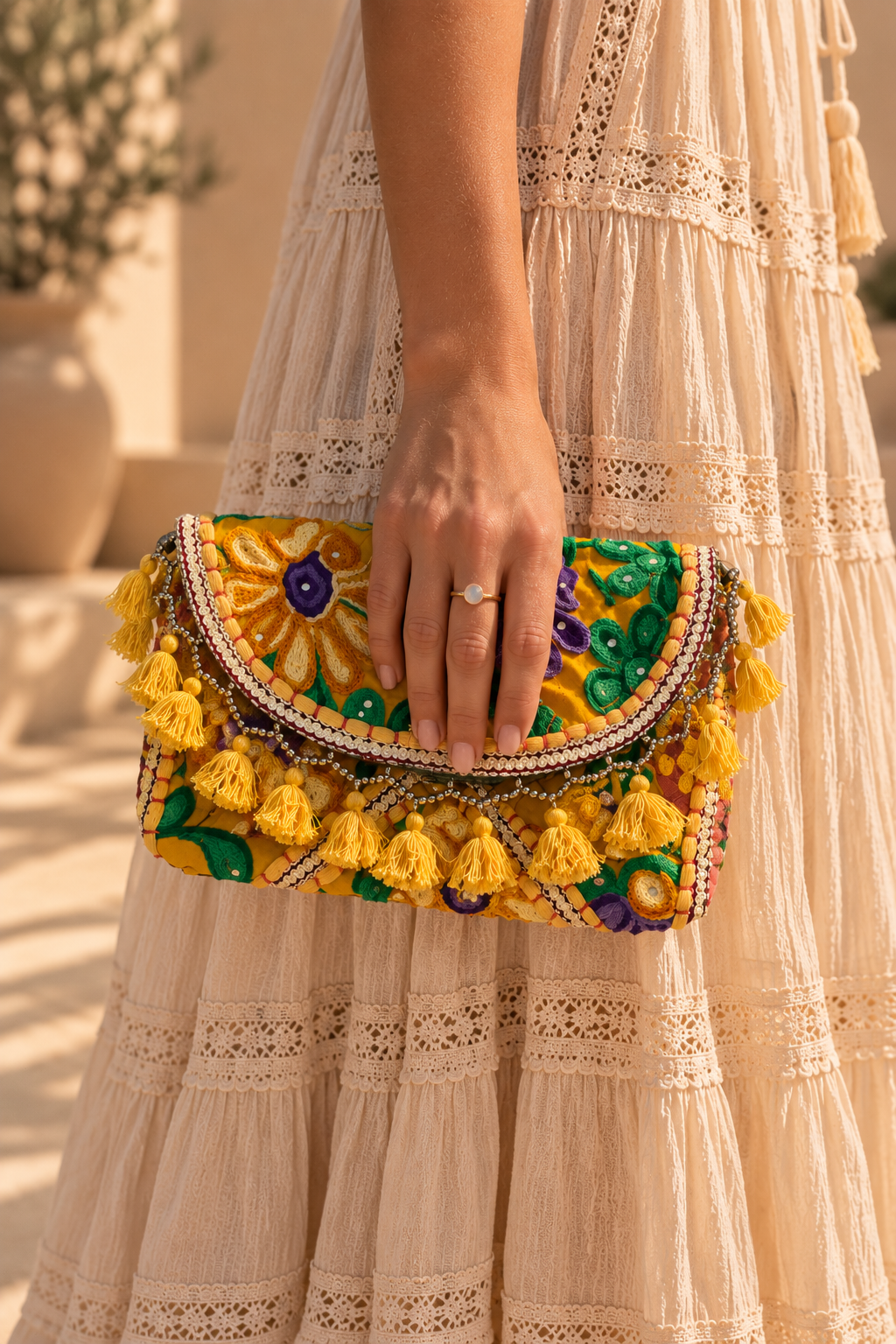 Yellow & Purple Embroidered Clutch Bag – Bohemian Style