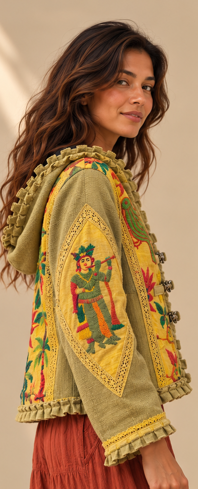 Olive Green Embroidered Hooded Jacket
