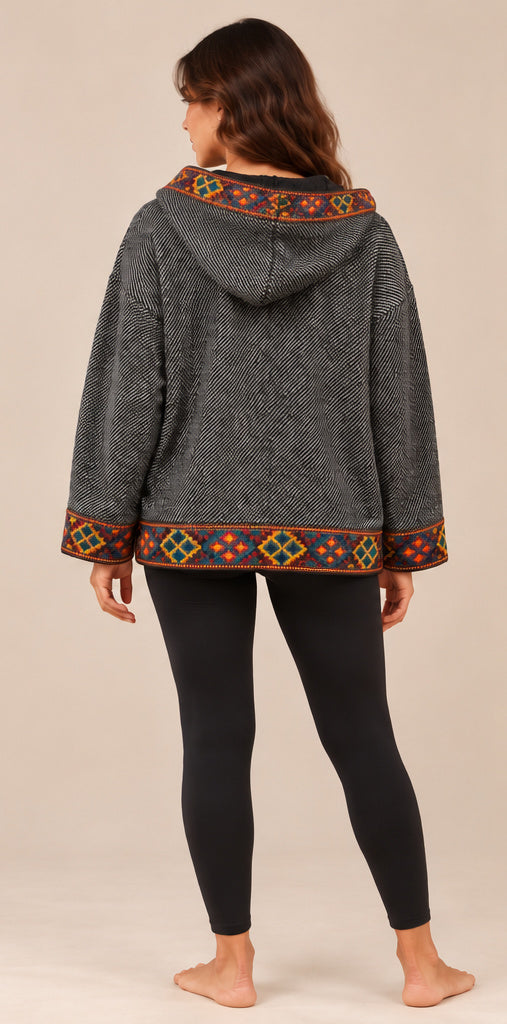 Grey Hooded Jacket with Colourful Geometric Trim