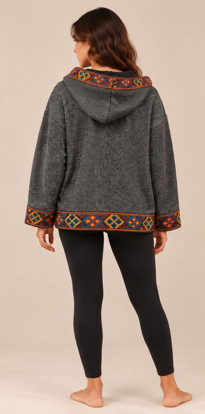 Grey Hooded Jacket with Colourful Geometric Trim