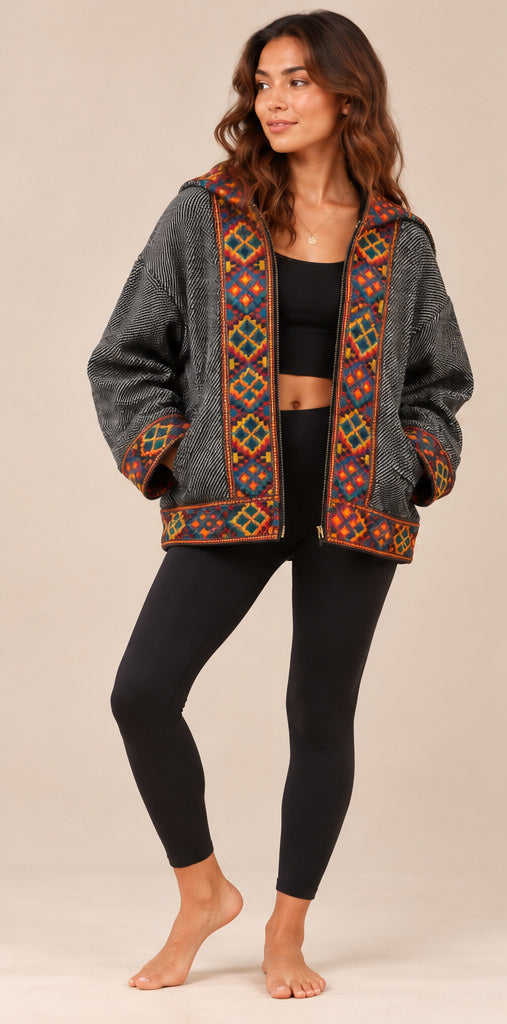 Grey Hooded Jacket with Colourful Geometric Trim