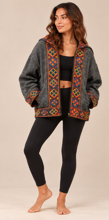 Grey Hooded Jacket with Colourful Geometric Trim