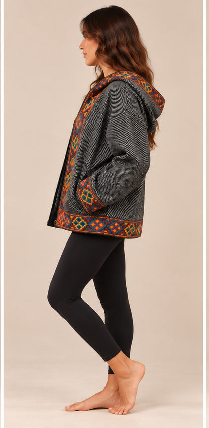Grey Hooded Jacket with Colourful Geometric Trim