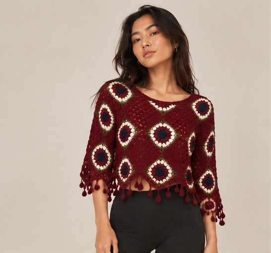 Burgundy Crochet Top – Bohemian Style