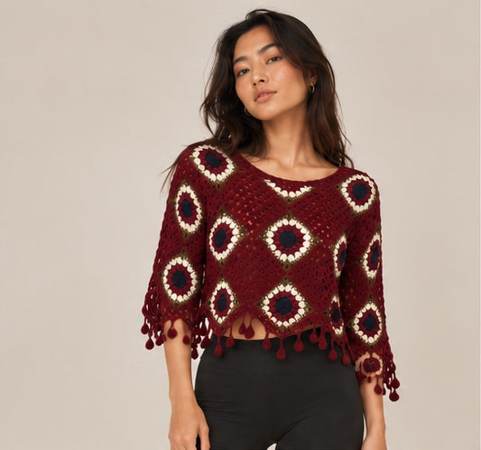 Burgundy Crochet Top – Bohemian Style