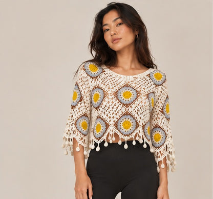 Beige and Mustard Crochet Top – Bohemian Style