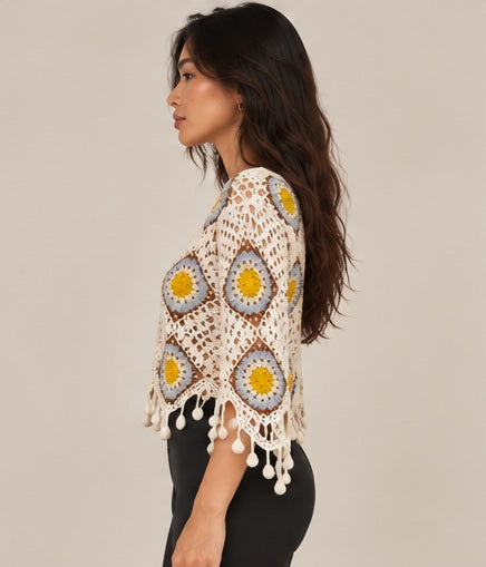 Beige and Mustard Crochet Top – Bohemian Style