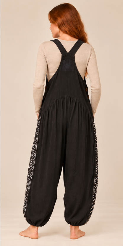 Black Print Harem Dungarees
