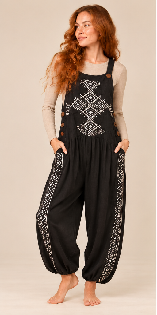 Black Print Harem Dungarees